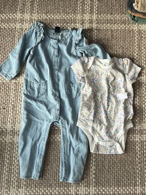 Gap Light Blue Denim Baby Romper with Heart Pockets and floral onesie